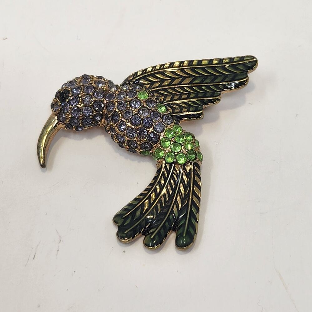Hummingbird Green Pink Rhinestone Brooch Pin Bird Costume Jewelry Figural